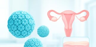 Abstract representation of HPV virus with a clean medical theme in bright colors, symbolizing dermatological and gynecological health