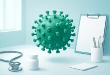 Η σημασία του εμβολιασμού HPV για άνδρες και γυναίκες: Προστασία και πρόληψη Αφηρημένη απεικόνιση ιού HPV σε φόντο ιατρικού περιβάλλοντος