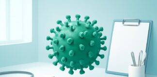 Αφηρημένη απεικόνιση ιού HPV σε φόντο ιατρικού περιβάλλοντος