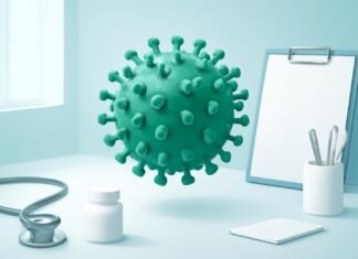 Η σημασία του εμβολιασμού HPV για άνδρες και γυναίκες: Προστασία και πρόληψη Αφηρημένη απεικόνιση ιού HPV σε φόντο ιατρικού περιβάλλοντος
