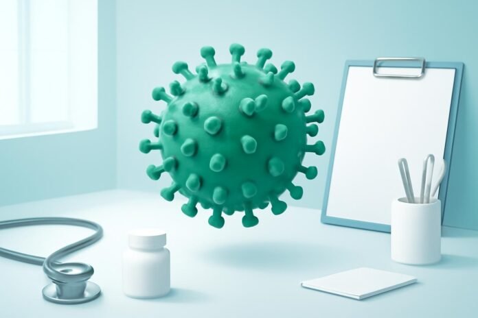 Η σημασία του εμβολιασμού HPV για άνδρες και γυναίκες: Προστασία και πρόληψη Αφηρημένη απεικόνιση ιού HPV σε φόντο ιατρικού περιβάλλοντος