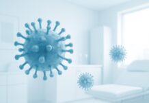 Αφηρημένη ψηφιακή απεικόνιση ιών HPV με ιατρική δερματολογική αισθητική σε φωτεινό κλινικό περιβάλλον