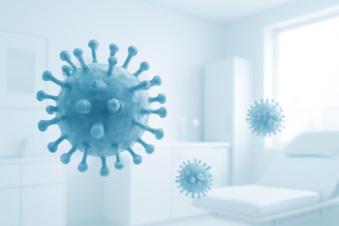 Αφηρημένη ψηφιακή απεικόνιση ιών HPV με ιατρική δερματολογική αισθητική σε φωτεινό κλινικό περιβάλλον
