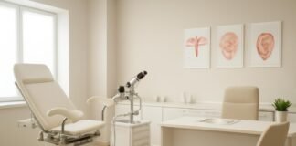 Φωτεινό σύγχρονο γυναικολογικό ιατρείο με ιατρικό εξοπλισμό και καθαρές επιφάνειες για συμβουλευτική συνεδρία