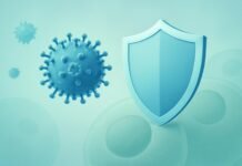Illustration of HPV virus with shield representing prevention and protection