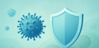 Illustration of HPV virus with shield representing prevention and protection