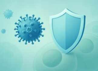 Illustration of HPV virus with shield representing prevention and protection