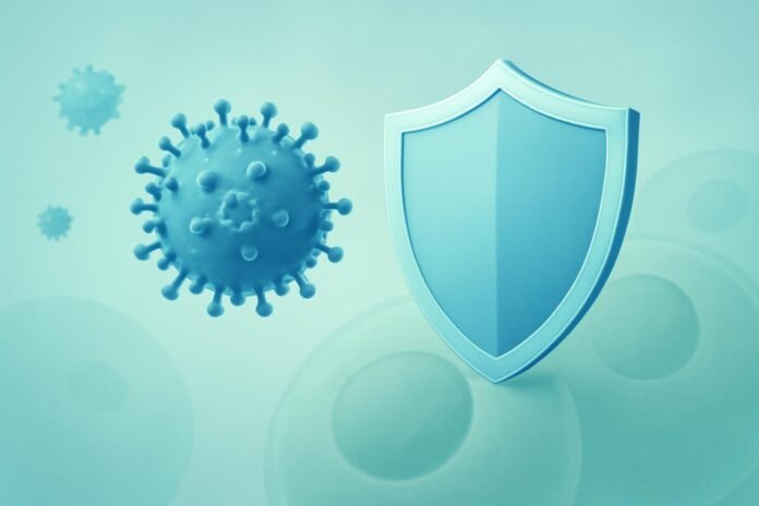 Η Σύνδεση του Ιού HPV με τον Καρκίνο: Τι Πρέπει να Γνωρίζετε Illustration of HPV virus with shield representing prevention and protection