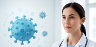 Αφηρημένη εικόνα ιού HPV σε σύγχρονο ιατρικό περιβάλλον με δερματολογική αισθητική για άρθρο θεραπείας κονδυλωμάτων με laser
