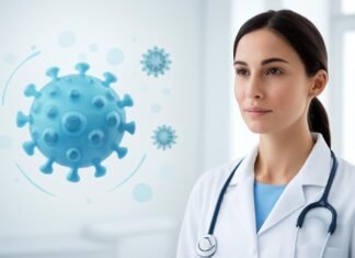 Η Χρήση του Laser στη Θεραπεία των HPV Κονδυλωμάτων: Καινοτόμες Προσεγγίσεις και Οφέλη Αφηρημένη εικόνα ιού HPV σε σύγχρονο ιατρικό περιβάλλον με δερματολογική αισθητική για άρθρο θεραπείας κονδυλωμάτων με laser