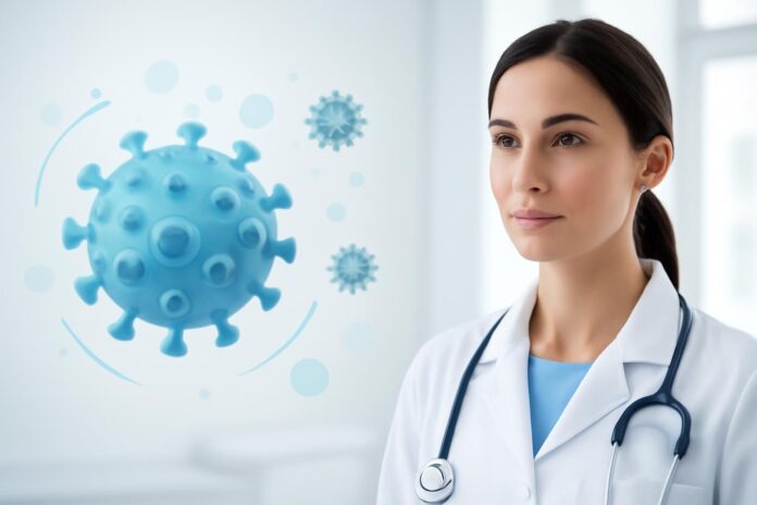 Η Χρήση του Laser στη Θεραπεία των HPV Κονδυλωμάτων: Καινοτόμες Προσεγγίσεις και Οφέλη Αφηρημένη εικόνα ιού HPV σε σύγχρονο ιατρικό περιβάλλον με δερματολογική αισθητική για άρθρο θεραπείας κονδυλωμάτων με laser