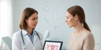 Γυναικολογικό ιατρείο με γιατρό που εξηγεί διαγνωστικά αποτελέσματα σε γυναίκα ασθενή με tablet