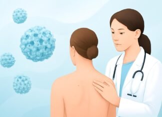 Αφηρημένα στοιχεία ιού HPV με καθαρό και σύγχρονο ιατρικό φόντο, δερματολογική αισθητική