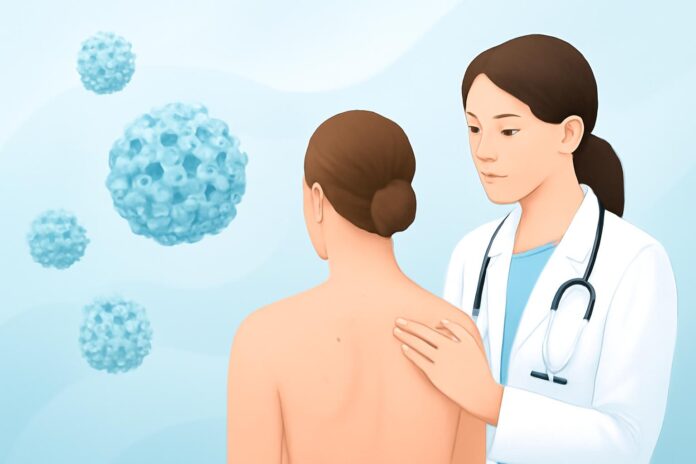 Θεραπεία κονδυλωμάτων HPV: Σύγχρονες επιλογές και σημαντικές οδηγίες για την πρόληψη Αφηρημένα στοιχεία ιού HPV με καθαρό και σύγχρονο ιατρικό φόντο, δερματολογική αισθητική