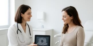 Σύγχρονο γυναικολογικό ιατρείο με γιατρό και ασθενή σε συμβουλευτική διάλογο, με ψηφιακές εικόνες σε tablet, φωτεινό περιβάλλον εξυπηρέτησης ασθενών στη Γλυφάδα, Ελλάδα, χωρίς ανατομικά στοιχεία ή ευαίσθητο περιεχόμενο. Στο κάτω μέρος αναγράφεται Δρ. Ιωάννης Δημητρακόπουλος • Μαιευτήρας - Χειρουργός Γυναικολόγος