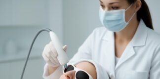 Ιατρός εφαρμόζει θεραπεία laser σε κονδύλωμα σε σύγχρονο ιατρικό περιβάλλον