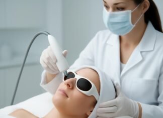 Ιατρός εφαρμόζει θεραπεία laser σε κονδύλωμα σε σύγχρονο ιατρικό περιβάλλον