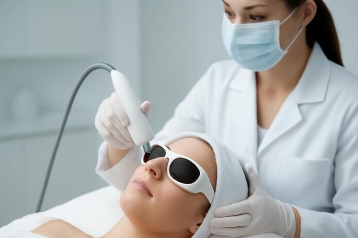 Ιατρός εφαρμόζει θεραπεία laser σε κονδύλωμα σε σύγχρονο ιατρικό περιβάλλον