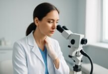 Εξειδικευμένη γυναικολογική κολποσκόπηση για HPV κονδυλώματα στη γυναίκα υπό το φως σύγχρονου ιατρικού εξοπλισμού