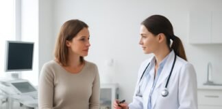 Σύγχρονη γυναικολογική ιατρική συνεδρία σε φωτεινό ιατρείο με γιατρό και ασθενή να συζητούν για πρόπτωση πυελικών οργάνων, στη Γλυφάδα.