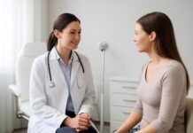 Κλινική Διαχείριση και Θεραπεία Επανεμφανιζόμενων Κονδυλωμάτων HPV με Εξειδίκευση Σύγχρονο γυναικολογικό ιατρείο με ιατρό και ασθενή σε συμβουλευτική συνεδρία