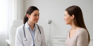 Σύγχρονο γυναικολογικό ιατρείο με ιατρό και ασθενή σε συμβουλευτική συνεδρία