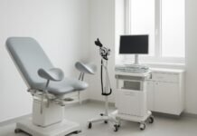 Σύγχρονο γυναικολογικό ιατρείο με εξοπλισμό κολοποσκόπησης υψηλής τεχνολογίας, φωτεινό και επαγγελματικό περιβάλλον