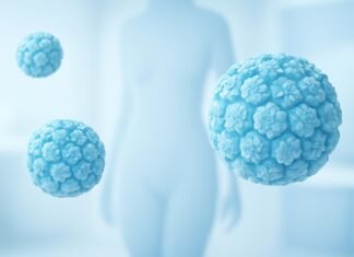 Αφηρημένα στοιχεία ιού HPV σε φωτεινό ιατρικό περιβάλλον για άρθρο ιατρικής ενημέρωσης