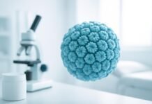Μύθοι και Αλήθειες για τα HPV Κονδυλώματα: Τι Πρέπει να Γνωρίζετε Υψηλής ποιότητας ιατρικό εξώφυλλο με αφηρημένα στοιχεία ιού HPV σε φωτεινό ιατρικό φόντο