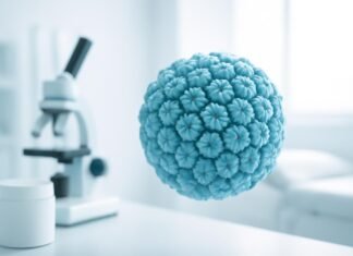 Μύθοι και Αλήθειες για τα HPV Κονδυλώματα: Τι Πρέπει να Γνωρίζετε Υψηλής ποιότητας ιατρικό εξώφυλλο με αφηρημένα στοιχεία ιού HPV σε φωτεινό ιατρικό φόντο