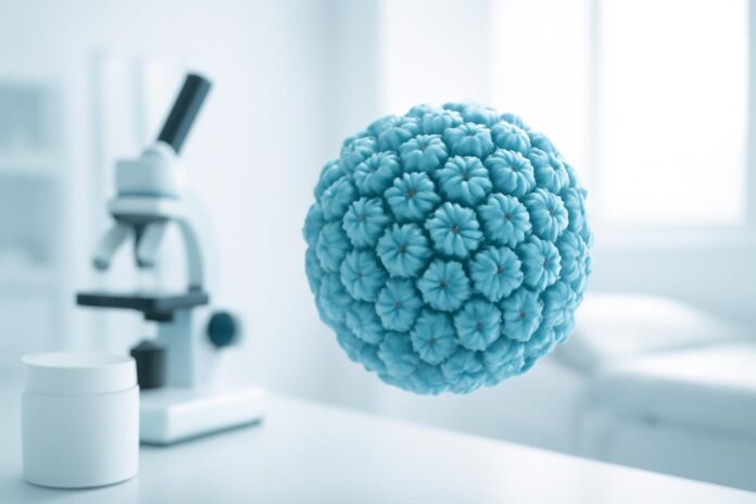 Μύθοι και Αλήθειες για τα HPV Κονδυλώματα: Τι Πρέπει να Γνωρίζετε Υψηλής ποιότητας ιατρικό εξώφυλλο με αφηρημένα στοιχεία ιού HPV σε φωτεινό ιατρικό φόντο