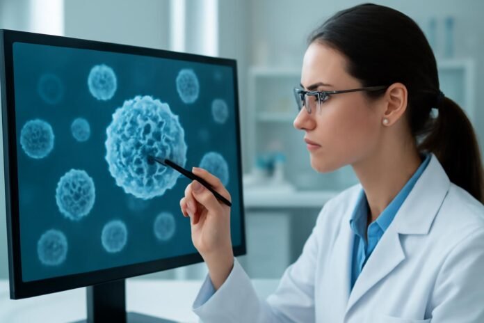 Μύθοι και Αλήθειες για τον Ιό HPV και τα Κονδυλώματα Επιστημονική εικόνα εργαστηρίου με ανάλυση κυττάρων HPV