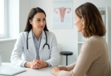 Εξειδικευμένη γυναικολογική αξιολόγηση HPV κονδυλωμάτων σε γυναικεία ασθενή, με διακριτική και επαγγελματική ατμόσφαιρα ιατρικού χώρου