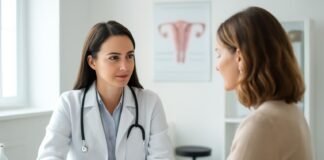 Εξειδικευμένη γυναικολογική αξιολόγηση HPV κονδυλωμάτων σε γυναικεία ασθενή, με διακριτική και επαγγελματική ατμόσφαιρα ιατρικού χώρου