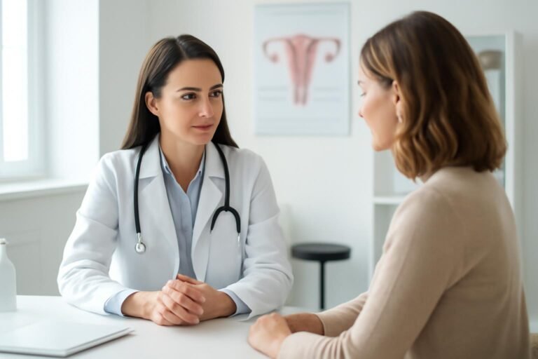 Εξειδικευμένη γυναικολογική αξιολόγηση HPV κονδυλωμάτων σε γυναικεία ασθενή, με διακριτική και επαγγελματική ατμόσφαιρα ιατρικού χώρου