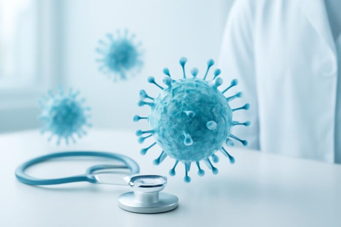 Αφηρημένη εικόνα ιών HPV σε φωτεινό ιατρικό περιβάλλον με δερματολογική αισθητική