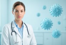 Ιατρικό εξώφυλλο με αφηρημένα στοιχεία ιού HPV και θεματική δερματολογίας και γυναικολογίας