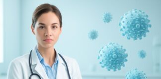Ιατρικό εξώφυλλο με αφηρημένα στοιχεία ιού HPV και θεματική δερματολογίας και γυναικολογίας