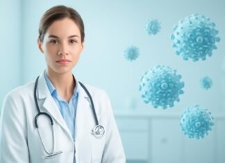 Ιατρικό εξώφυλλο με αφηρημένα στοιχεία ιού HPV και θεματική δερματολογίας και γυναικολογίας