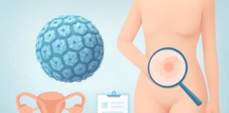 Medical illustration of HPV virus with dermatological and gynecological design in a bright clinical setting