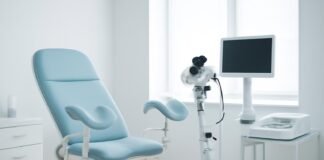 Σύγχρονο γυναικολογικό ιατρείο με ιατρικό εξοπλισμό για κολποσκόπηση σε φωτεινό περιβάλλον