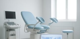 Σύγχρονο ιατρείο γυναικολογίας με ιατρικό εξοπλισμό και ψηφιακό tablet για μικροθρεπτική αξιολόγηση, φωτεινό και επαγγελματικό περιβάλλον