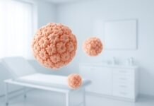Αφηρημένη απεικόνιση του ιού HPV σε φωτεινό ιατρικό περιβάλλον με δερματολογική αισθητική