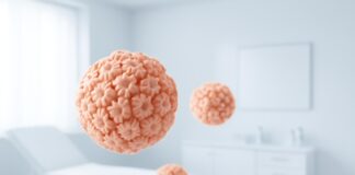 Αφηρημένη απεικόνιση του ιού HPV σε φωτεινό ιατρικό περιβάλλον με δερματολογική αισθητική