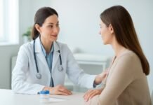 Γυναικολόγος σε σύγχρονο ιατρείο με Υλικό HPV test, φιλικό και επαγγελματικό περιβάλλον