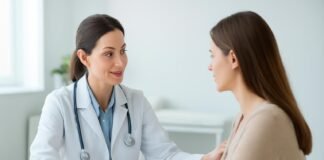 Γυναικολόγος σε σύγχρονο ιατρείο με Υλικό HPV test, φιλικό και επαγγελματικό περιβάλλον