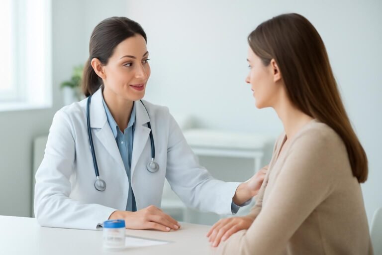 Γυναικολόγος σε σύγχρονο ιατρείο με Υλικό HPV test, φιλικό και επαγγελματικό περιβάλλον
