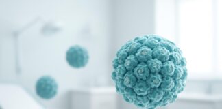 Abstract medical illustration representing HPV virus in a bright clinical setting with dermatology and gynecology themes