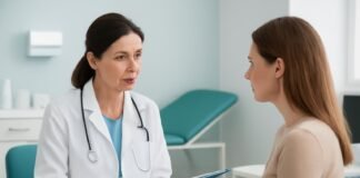 Δρ. Ιωάννης Δημητρακόπουλος συζητά εξατομικευμένο πρόγραμμα παρακολούθησης μετά θεραπείας κονδυλωμάτων HPV με ασθενή σε ιατρείο στη Γλυφάδα