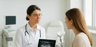 Γυναικολογικό ιατρείο με γιατρό που απευθύνεται σε γυναίκα ασθενή με υπερηχογραφήματα σε tablet, σύγχρονος ιατρικός χώρος και φωτεινή ατμόσφαιρα